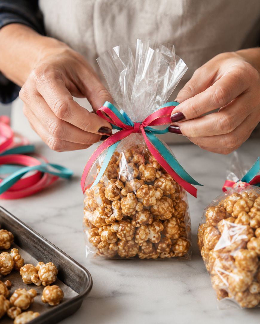 Hands tying a red and teal ribbon around a clear bag filled with caramel popcorn, resting on a white marble surface. Other similar bags and a baking tray are nearby.