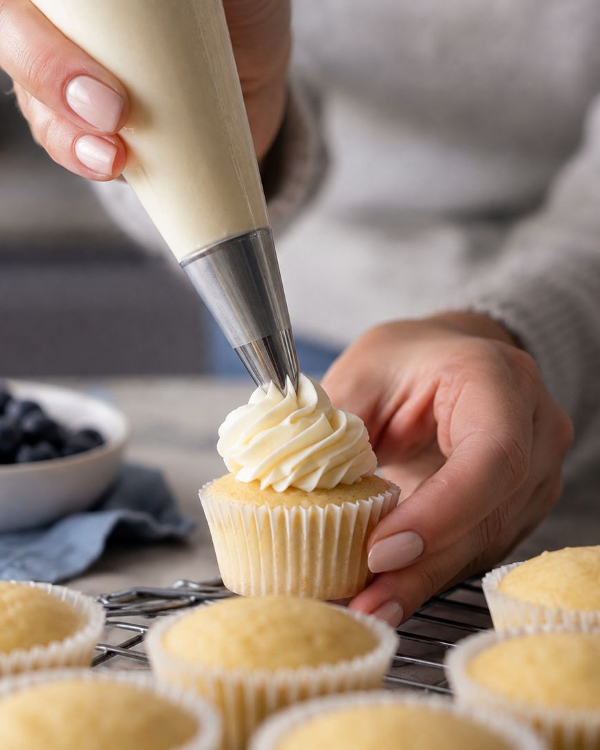 A person decorates a vanilla cupcake with white frosting using a piping bag. Other plain cupcakes and a bowl of blueberries are visible in the background.