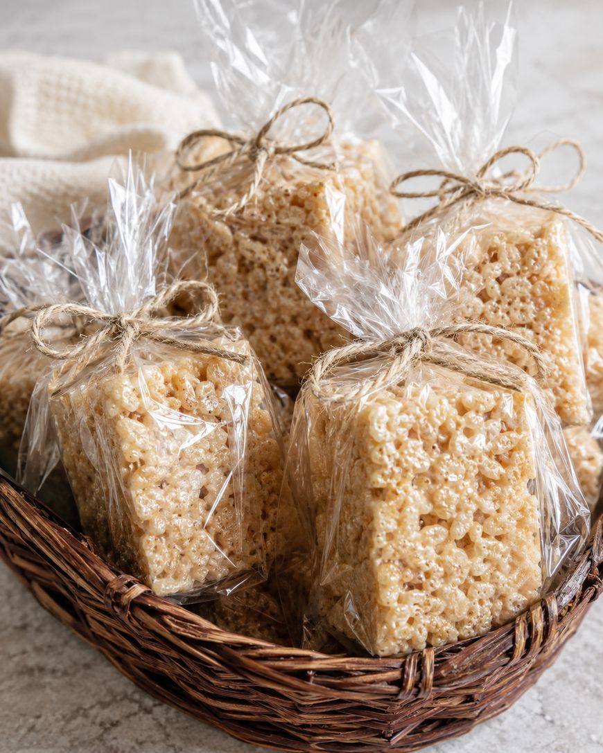 A wicker basket filled with individually wrapped Rice Krispies treats, each tied with a simple twine bow, sitting on a light countertop.