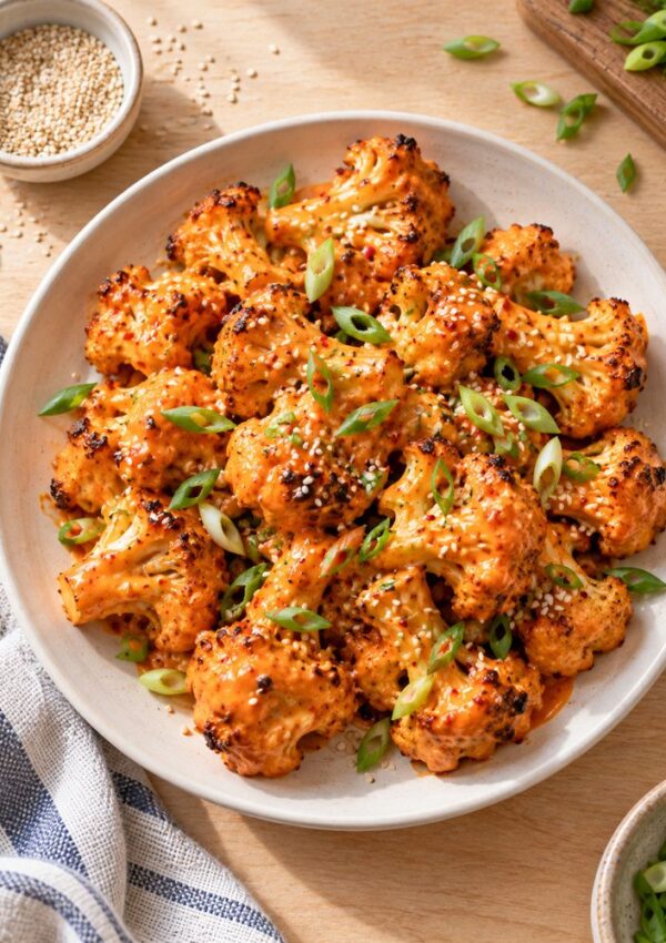 A plate of roasted cauliflower florets coated in a spicy orange sauce, garnished with sliced green onions and sesame seeds, sits on a wooden table next to a blue-striped napkin.
