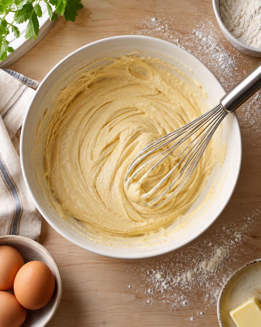 A whisk rests in a bowl of smooth cake batter on a wooden surface, surrounded by eggs, flour, a striped towel, butter, and fresh parsley.