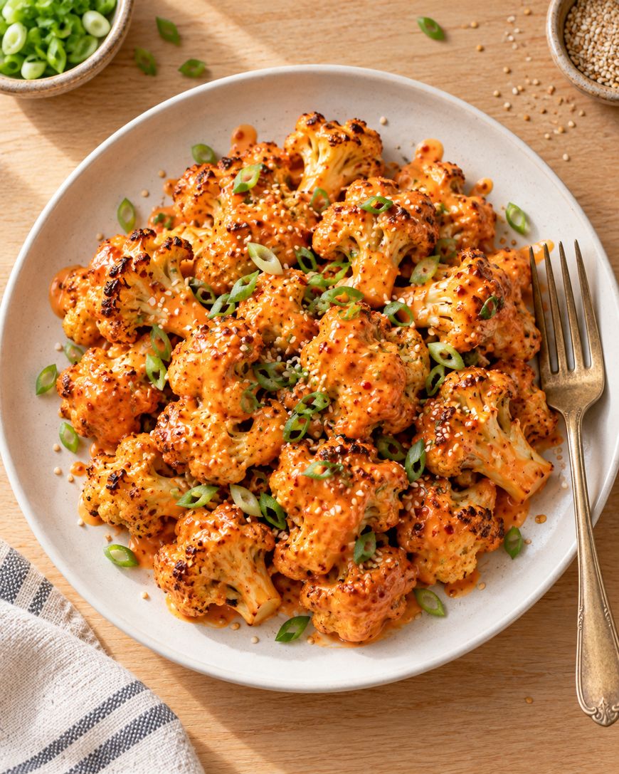 A plate of roasted cauliflower florets coated in a spicy orange sauce, garnished with sliced green onions and sesame seeds. A fork is on the plate, and small bowls of green onions and sesame seeds are nearby.