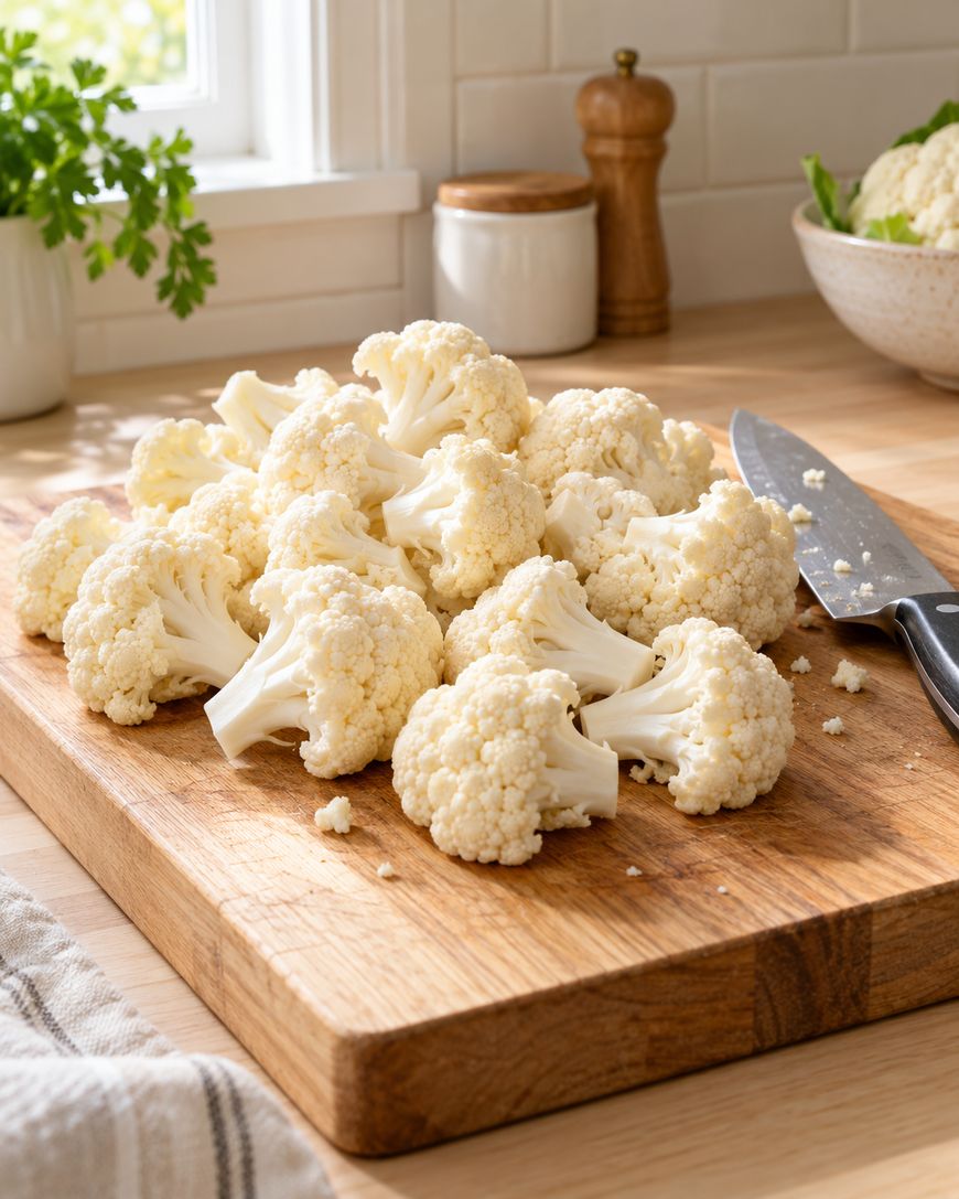 Fresh cauliflower florets on a wooden cutting board beside a kitchen knife, in a bright kitchen with herbs, a pepper grinder, and a window in the background.