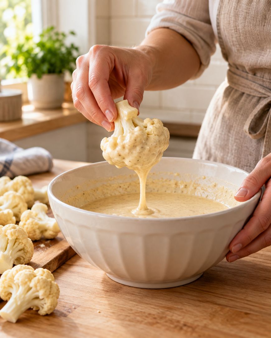 A person dips a piece of cauliflower into a creamy batter in a white bowl, with more cauliflower on a cutting board nearby in a bright kitchen.