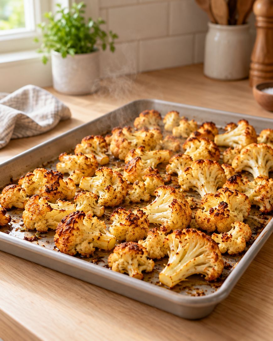 A baking sheet filled with roasted cauliflower florets sits on a wooden countertop in a bright kitchen, with steam rising and a small potted plant in the background.