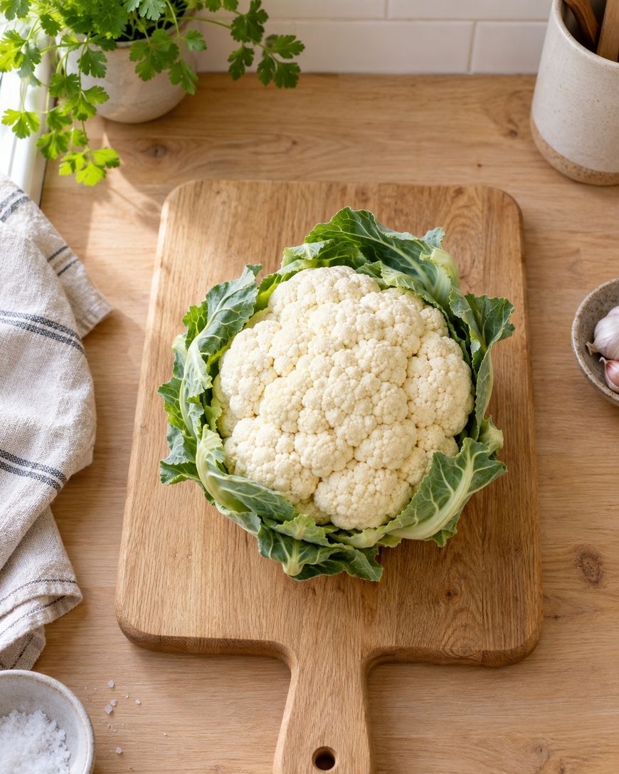 A fresh head of cauliflower with green leaves sits on a wooden cutting board, surrounded by kitchen items like a towel, a bowl of parsley, garlic, and a bowl of salt on a wooden countertop.