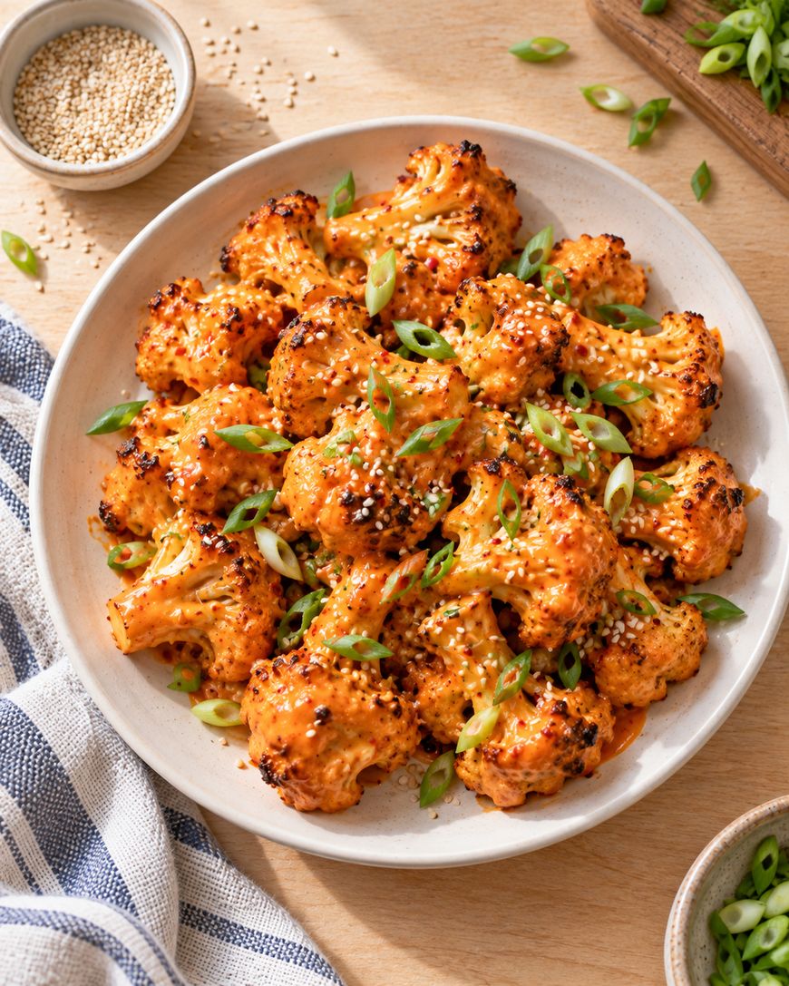 A plate of roasted cauliflower florets coated in a reddish-orange sauce, garnished with chopped green onions and sprinkled with sesame seeds. A bowl of sesame seeds and a striped towel are nearby.