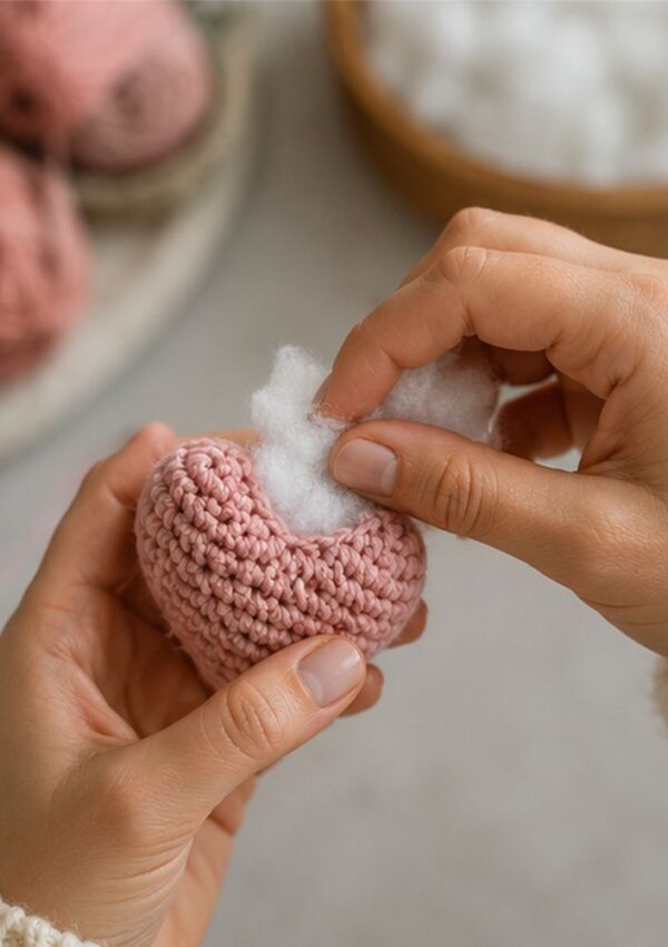 Hands stuffing white fiber into a pink, crocheted heart shape, with yarn balls and a bowl of stuffing in the background.
