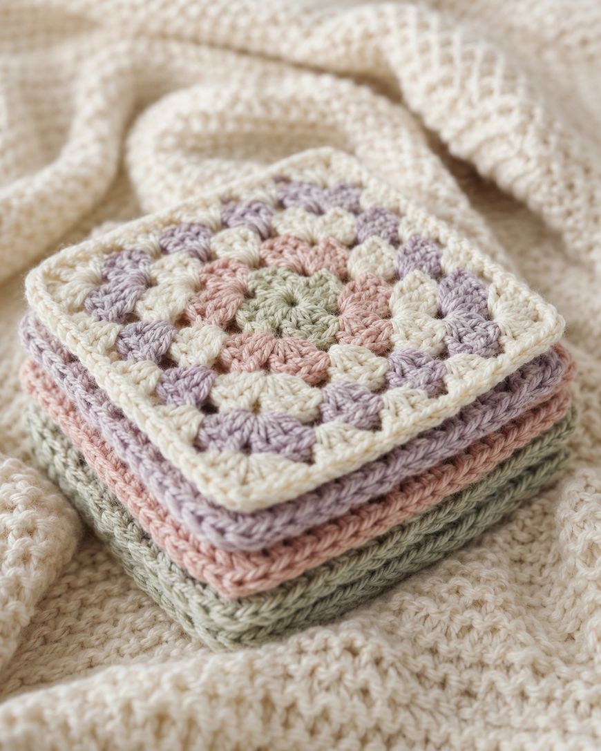 A stack of pastel-colored crocheted granny squares sits on a textured cream-colored knitted blanket.