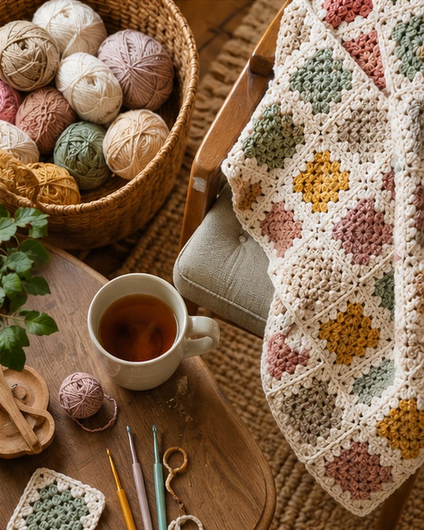 A crocheted blanket with colorful squares is draped over a chair. Nearby, theres a basket of yarn, crochet hooks, a cup of tea, and a small crocheted piece on a wooden table. The setting feels cozy and inviting.