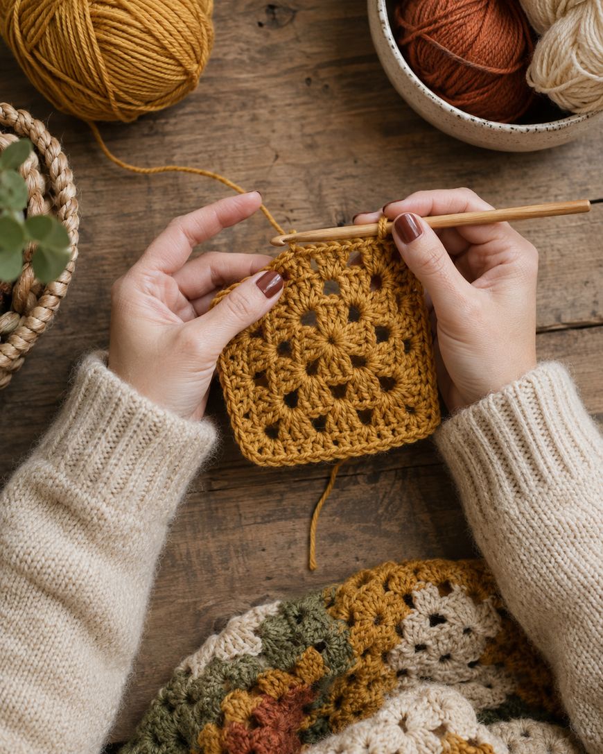 Hands crocheting a yellow granny square with a crochet hook; yarn balls and a finished crochet blanket are visible on a wooden table.