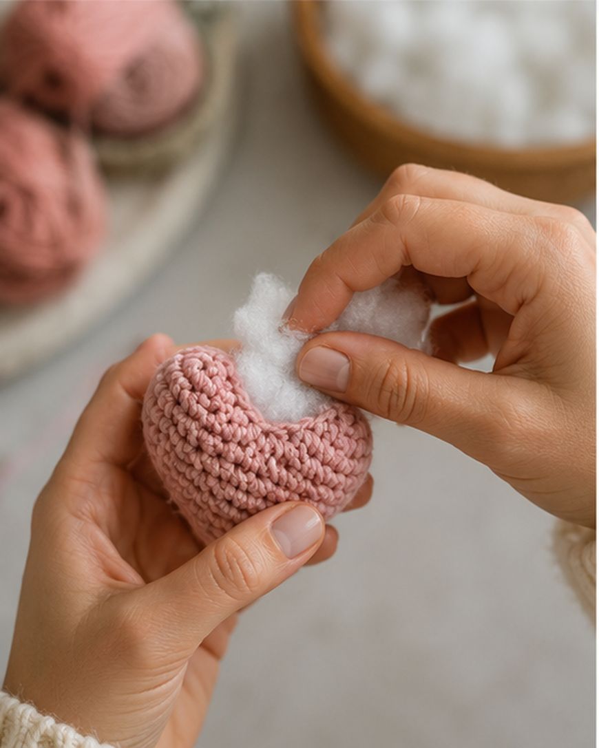 Two hands are stuffing white filling into a small, pink, crocheted heart. Yarn and more stuffing are visible in the background.