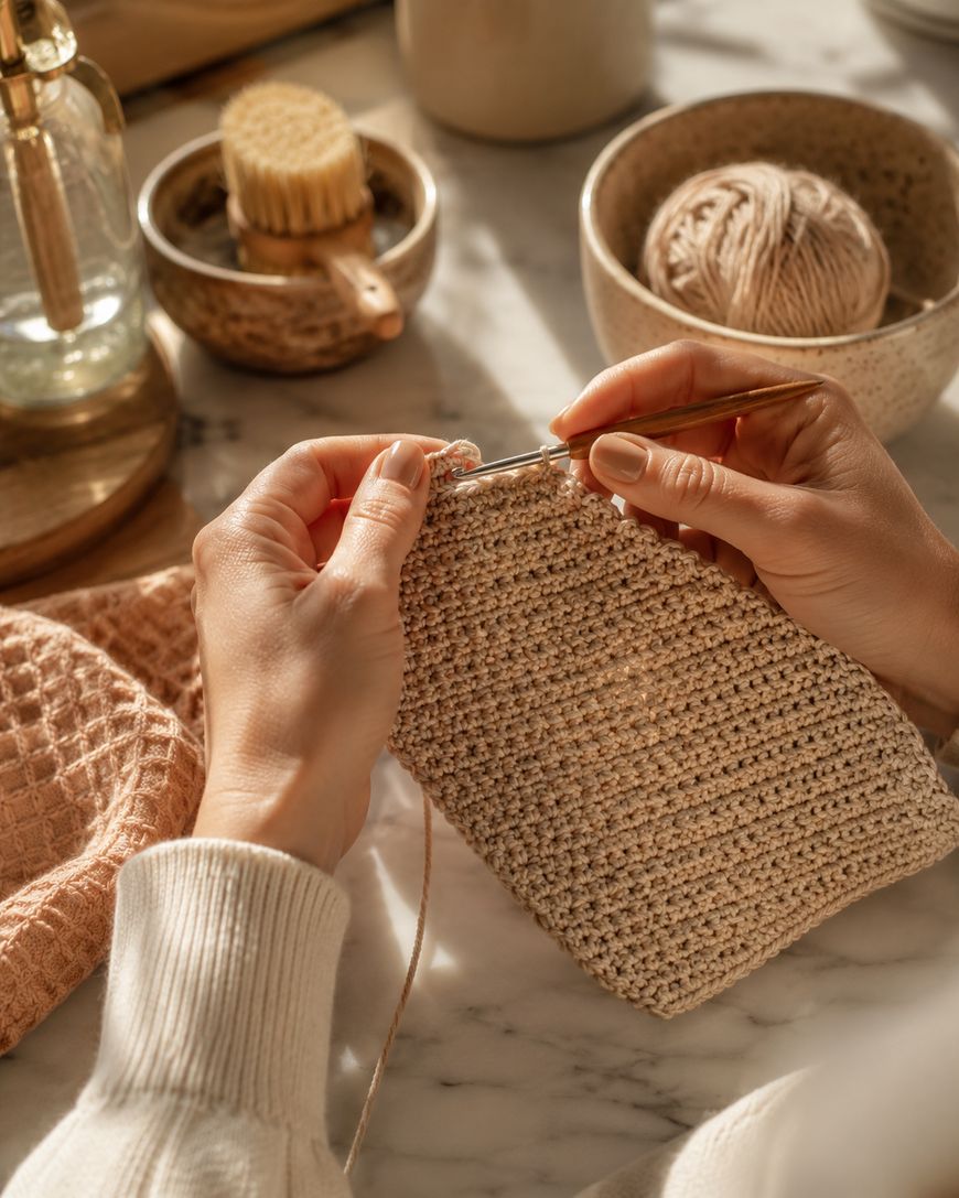 Hands crocheting a beige fabric piece with a metal hook, surrounded by a ball of yarn, a textured cloth, and household items on a sunlit table.