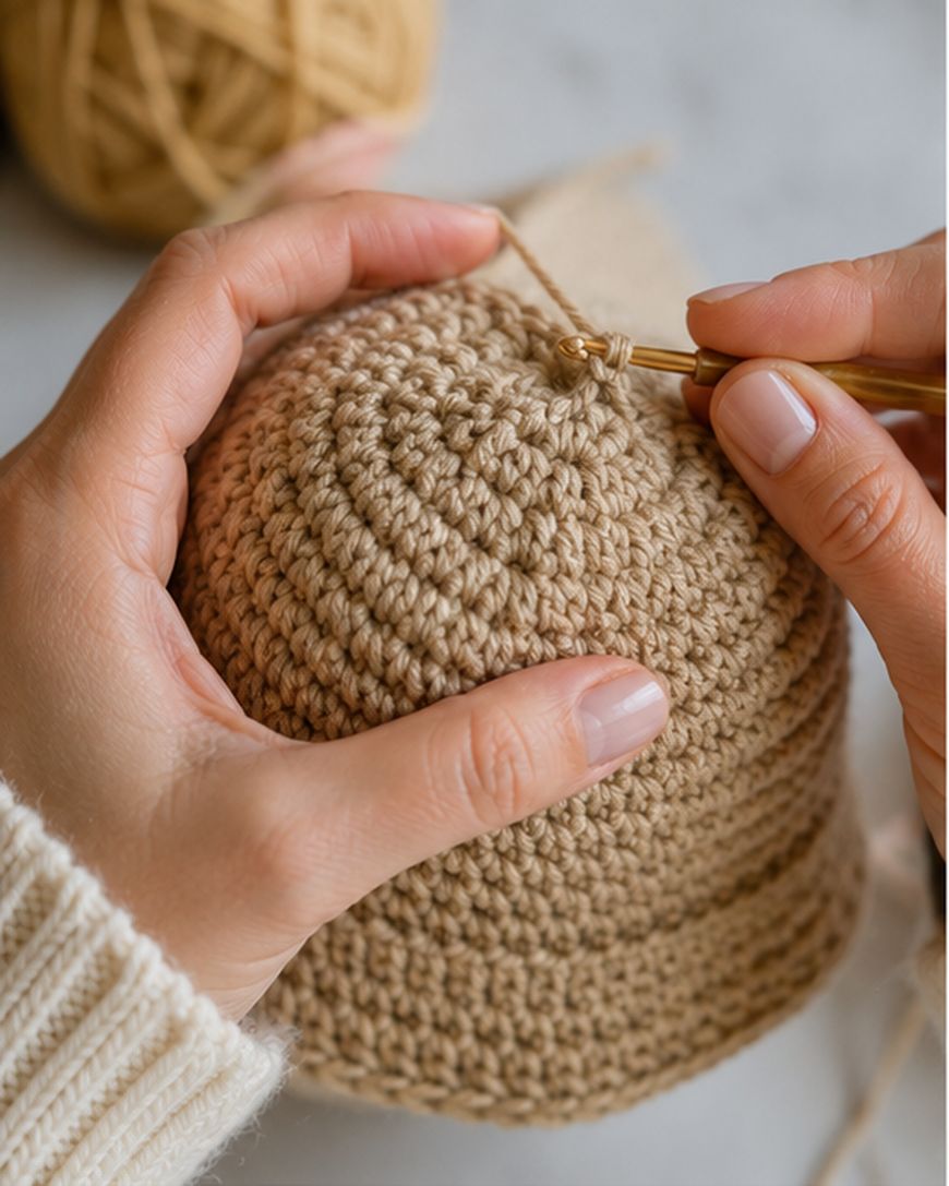 Close-up of hands holding a crochet hook, working with beige yarn to create a round, textured crocheted piece; a yarn ball is visible in the background.