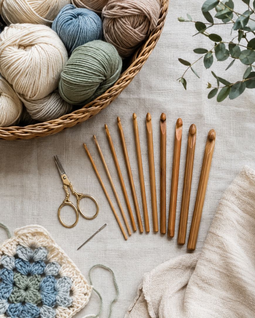 A basket of yarn, several crochet hooks, scissors, a needle, and a crocheted square are arranged neatly on a linen surface with some leafy greens in the corner.