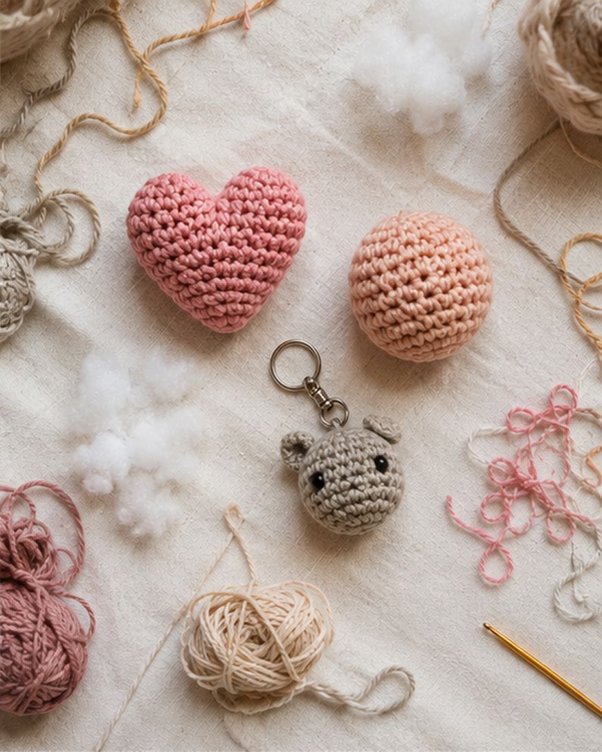 Balls of yarn, crochet hooks, and crocheted items—a pink heart, a peach ball, and a gray keychain shaped like an animal—are arranged on a fabric surface with loose threads and stuffing.