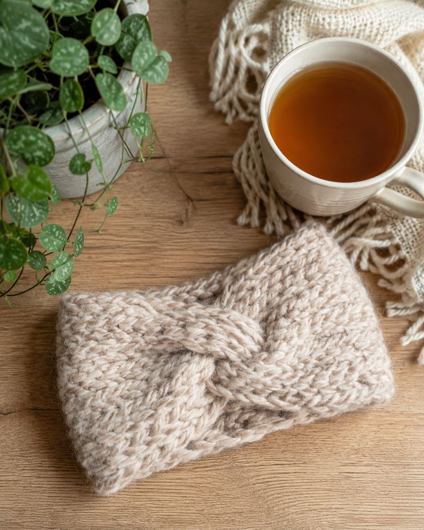 Chunky knitted headband in beige lies on a wooden table next to a cup of tea, a cozy cream-colored throw, and a potted green plant.