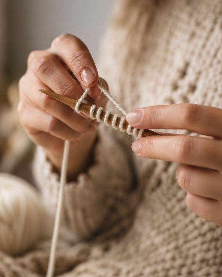 Close-up of hands knitting with beige yarn and wooden needles, wearing a cozy knitted sweater, with a ball of yarn visible in the background.