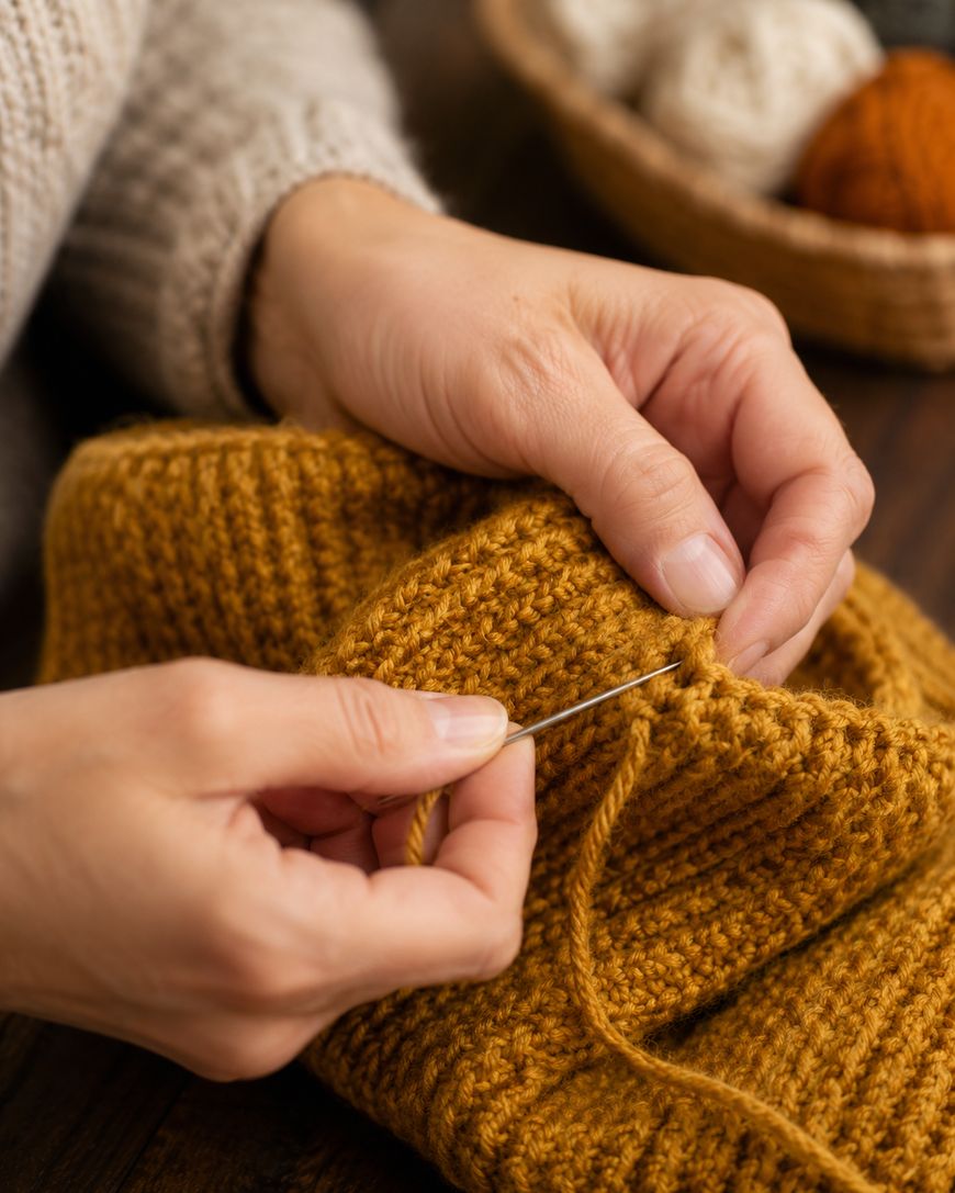 Close-up of hands sewing yarn into a mustard yellow knitted fabric, with a basket of yarn balls in the blurred background.