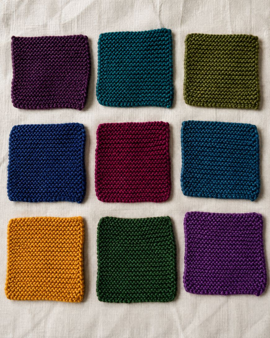 Nine knitted squares in various colors—purple, teal, olive, blue, magenta, gold, and green—are arranged in a three-by-three grid on a light-colored fabric background.