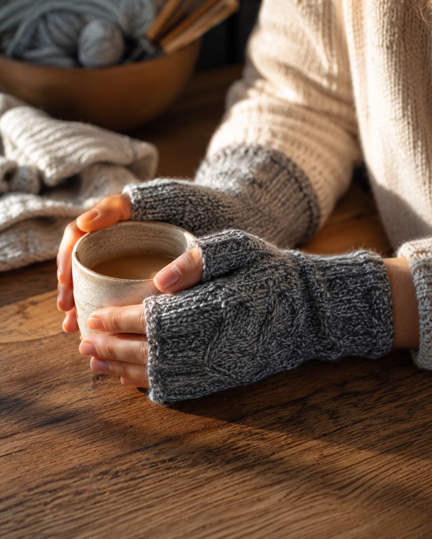 A person wearing gray knit fingerless gloves holds a ceramic mug of hot drink on a wooden table, with yarn and knitting needles in the background.