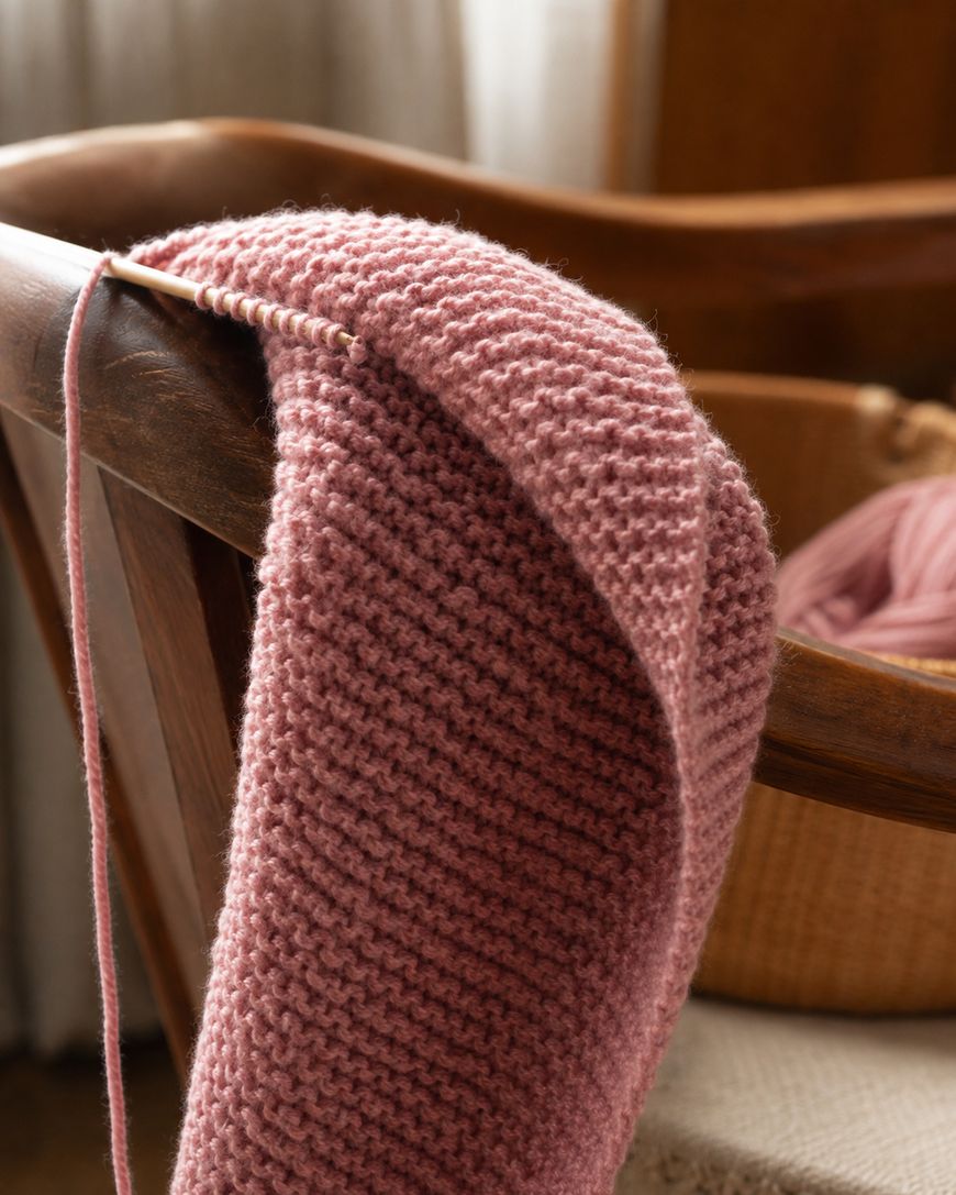 A pink knitted scarf in progress rests on a wooden chair, with knitting needles and yarn visible. A basket of pink yarn sits in the background.