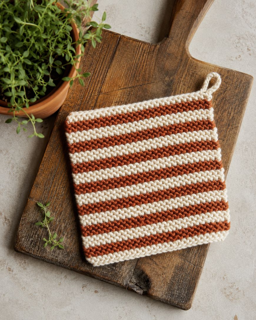 A striped, knitted pot holder with cream and brown colors lies on a wooden cutting board next to a potted green herb on a light countertop.
