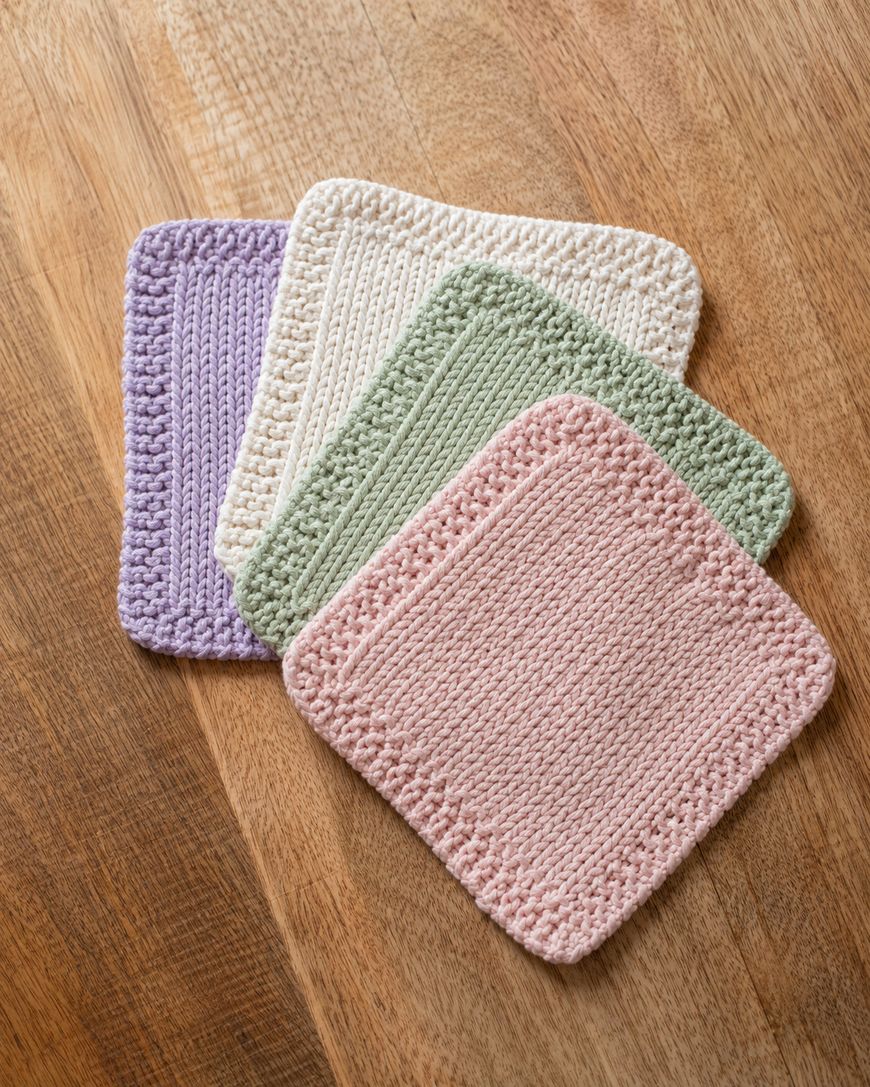 Four knitted square coasters in pastel colors—purple, cream, green, and pink—are arranged overlapping on a wooden surface.