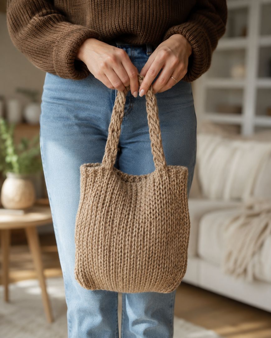 A person in a brown sweater and blue jeans holds a chunky, knitted, tan handbag with braided handles. Cozy home decor is visible in the background.