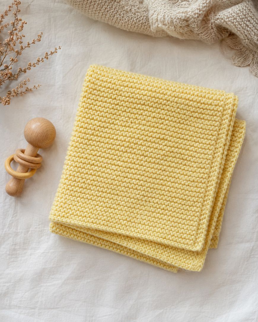A folded yellow knitted blanket sits on a white fabric surface next to a wooden baby rattle and dried flowers, with a beige textured textile in the background.