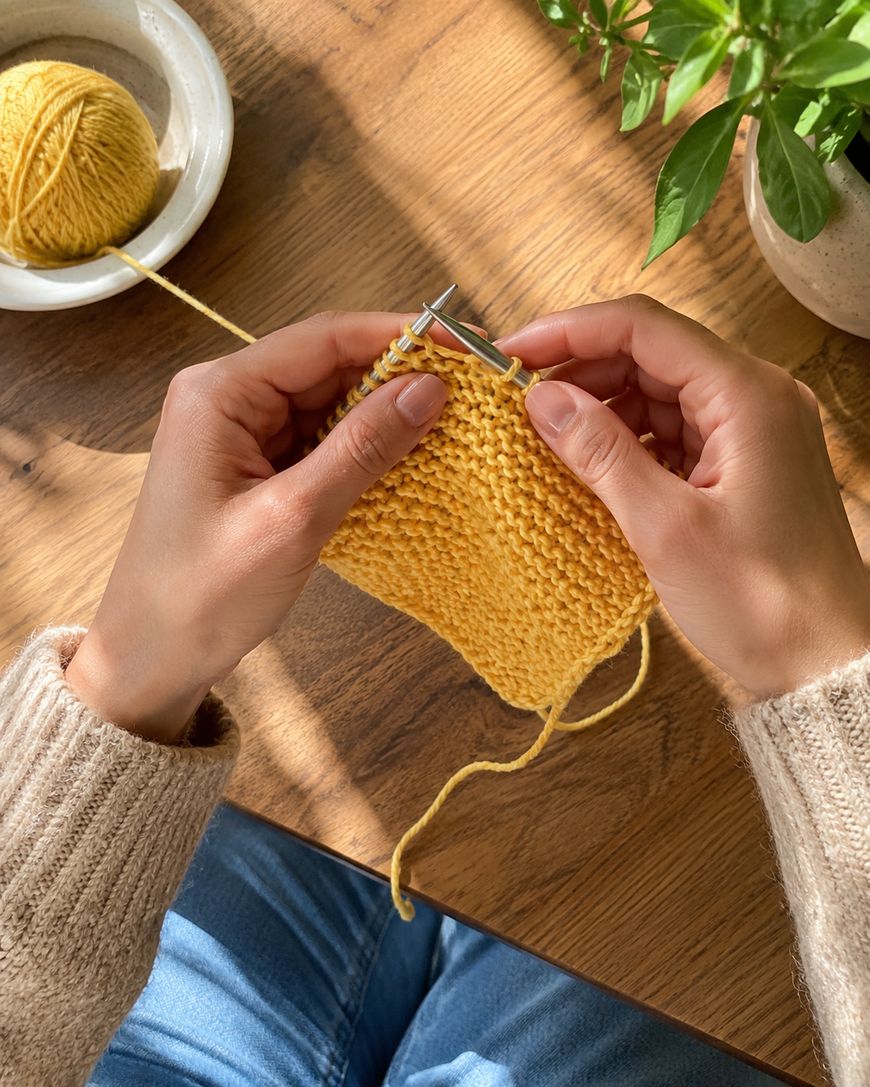 Hands knitting with yellow yarn, holding knitting needles and a swatch of fabric. A ball of yarn and a green potted plant are on a wooden table in sunlight. Person wears a beige sweater and blue jeans.
