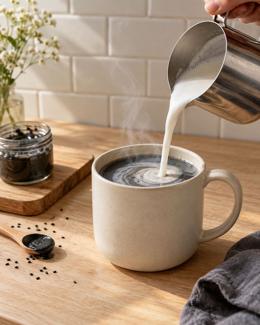 A hand pours steamed milk into a ceramic mug of black sesame latte on a wooden table, with a jar of black sesame paste and flowers in the background. Steam rises from the drink.