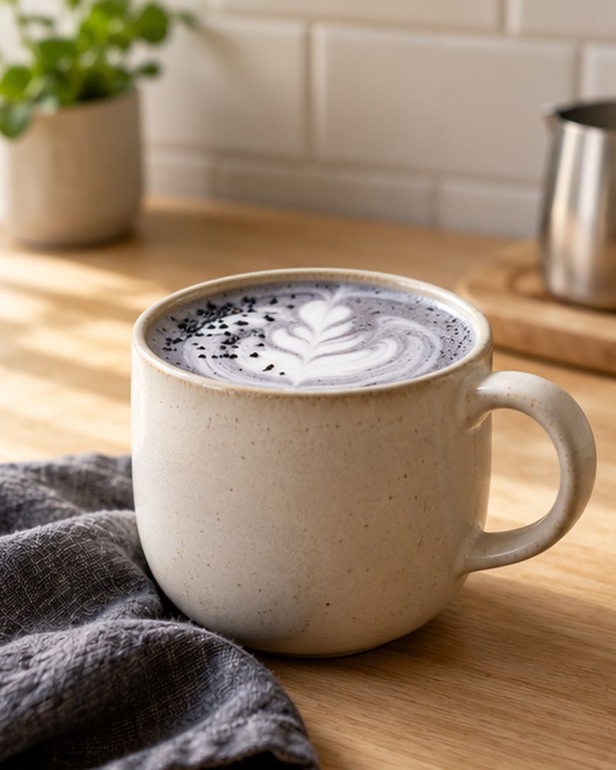 A creamy latte with latte art and black specks on top is served in a beige ceramic mug on a wooden table, next to a gray cloth and a potted plant in the background.