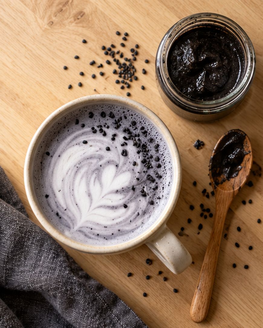 A ceramic mug filled with a black sesame latte featuring a leaf pattern in the foam, next to an open jar of black sesame paste and a wooden spoon, sprinkled with black sesame seeds on a wooden surface.