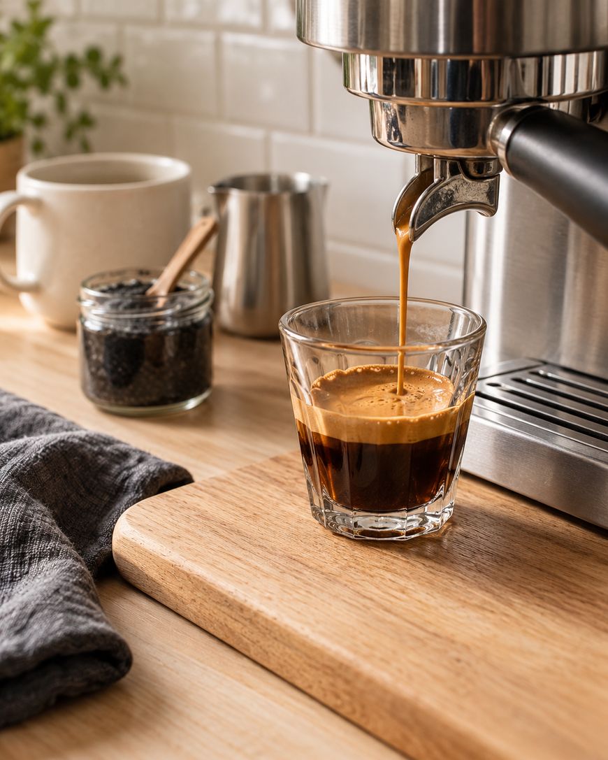 Espresso shot pours into a small glass from a coffee machine on a wooden counter, with a cup, a jar of coffee grounds, a metal pitcher, and a cloth also visible nearby.