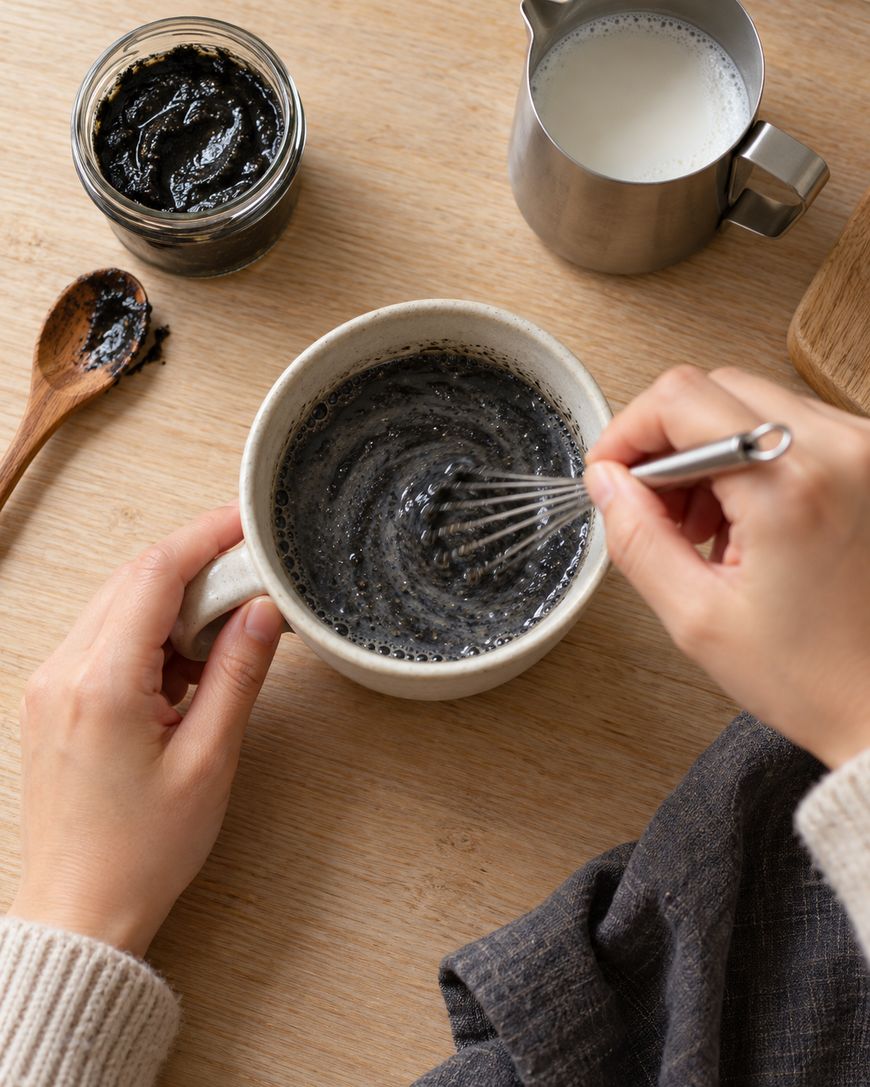 A person whisks a dark mixture in a white mug on a wooden table, with a jar of black paste, a wooden spoon, a metal pitcher of milk, and a dark cloth nearby.