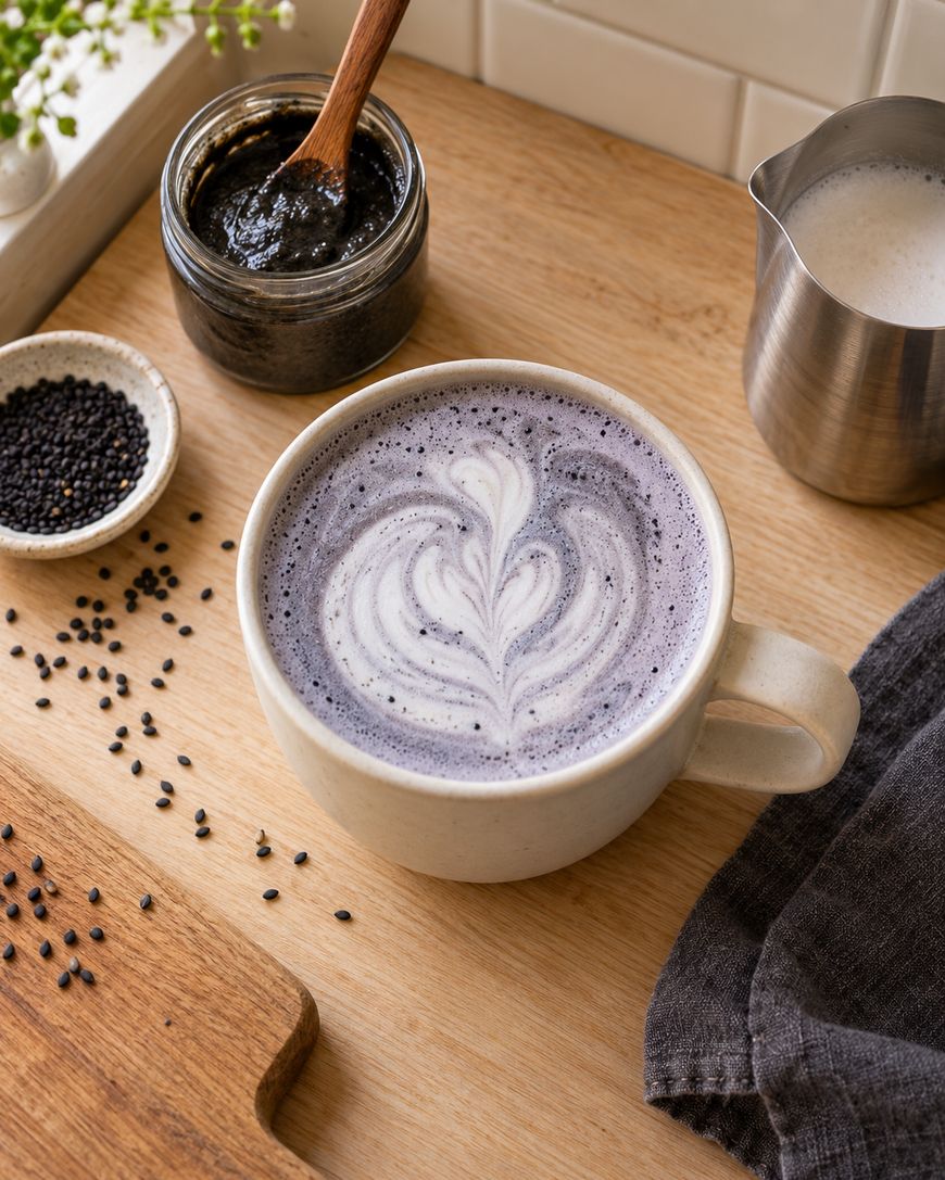 A cup of black sesame latte with heart-shaped latte art on a wooden table, next to a jar of black sesame paste, a small bowl of seeds, a metal milk frother, and a dark napkin.