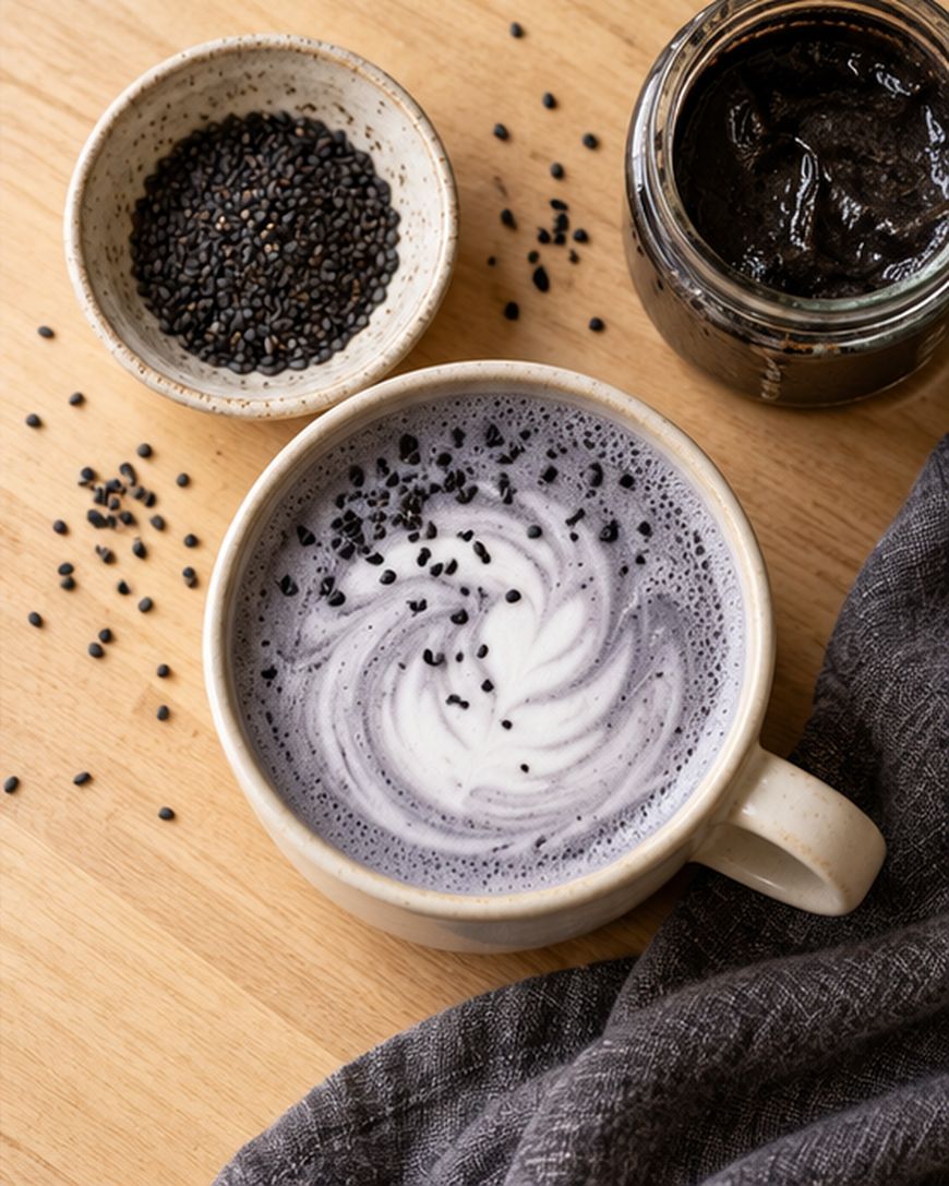 A cup of black sesame latte with a swirl pattern, topped with black sesame seeds. Nearby are a small bowl of seeds and an open jar of black sesame paste on a light wooden surface with a dark cloth.