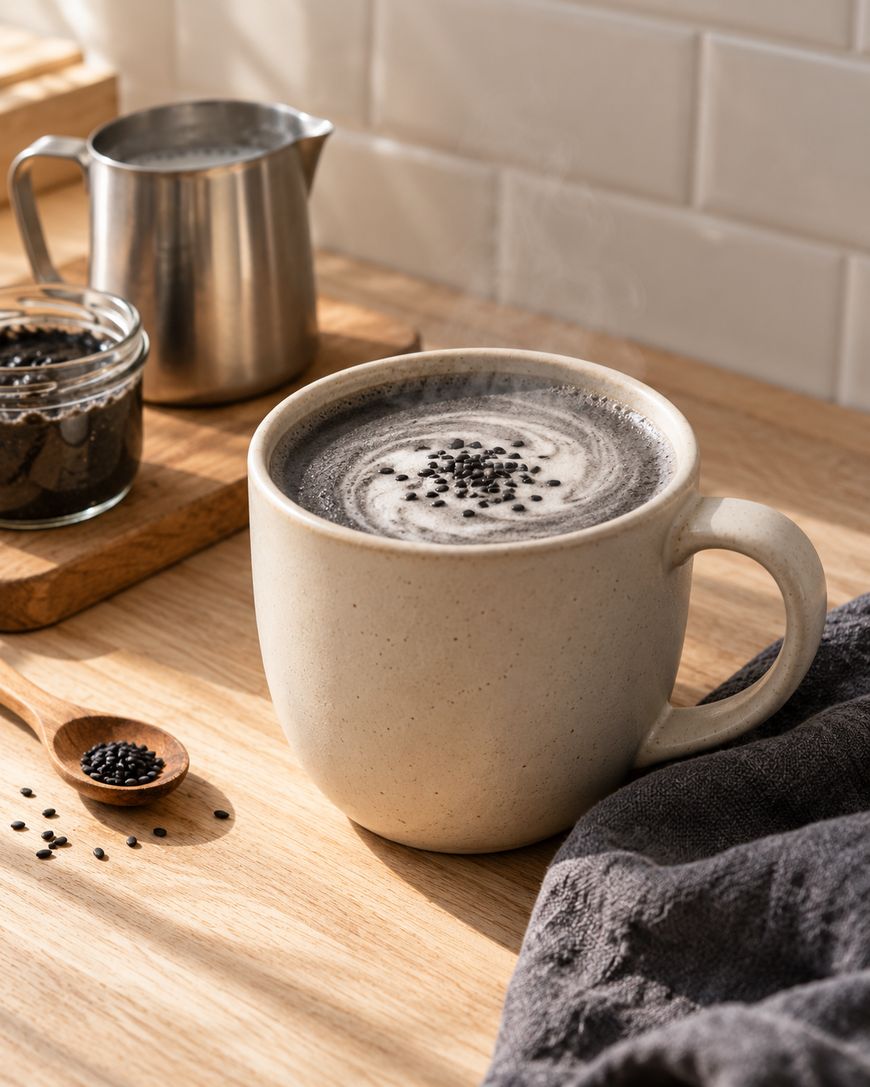 A beige mug filled with a creamy black sesame latte sits on a wooden table. Black sesame seeds are sprinkled on top, with a spoon, jar, and pitcher in the background, and a dark cloth nearby. Steam rises from the drink.