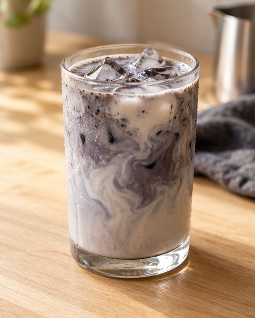 An iced black sesame latte with swirling purple-gray color sits in a tall glass on a wooden table, with condensation and ice visible, and a gray cloth in the background.