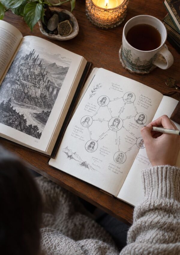 A person sketches a family tree in a notebook at a cozy desk with an open book showing a castle, a lit candle, a cup of tea, and some small rocks and a plant nearby.