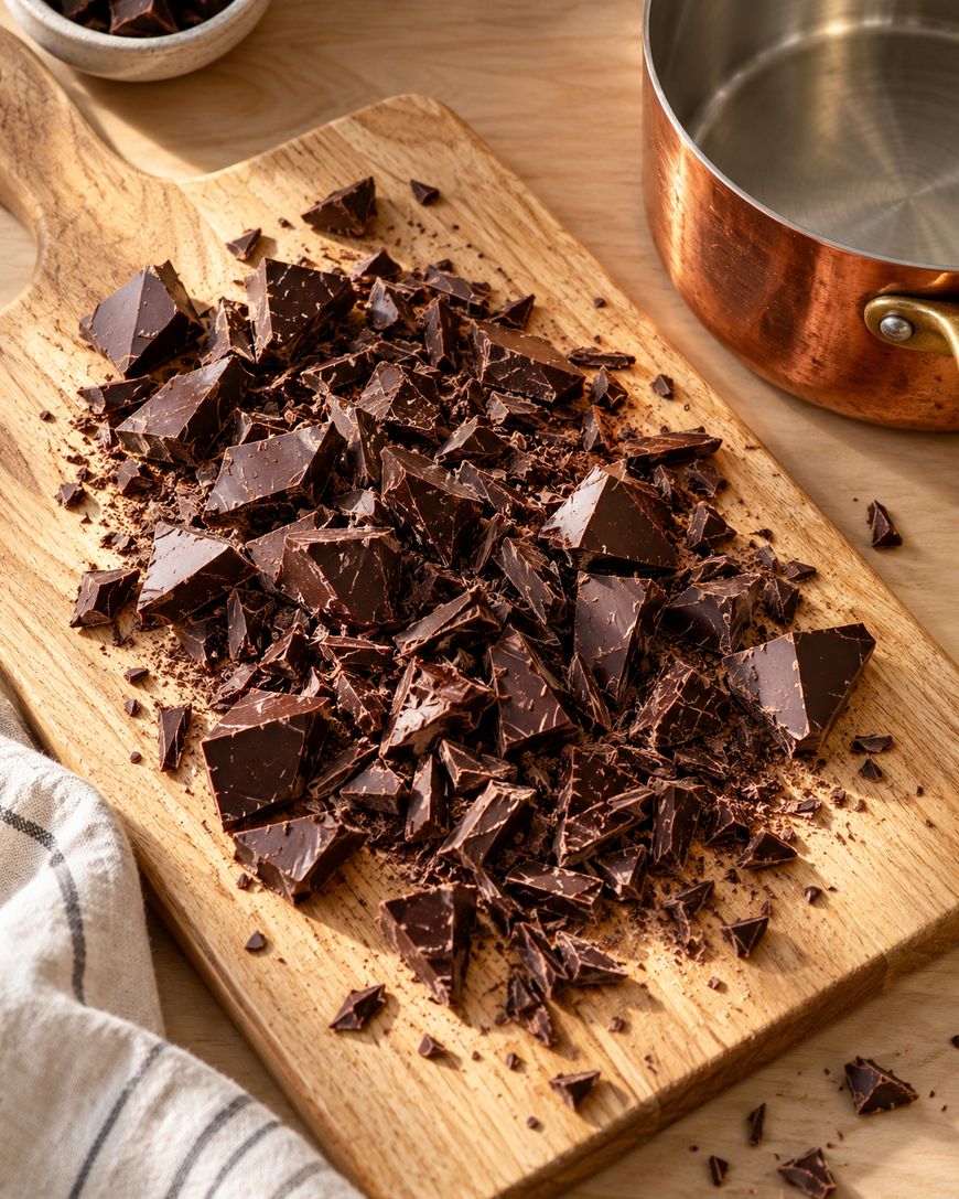 Chopped dark chocolate pieces on a wooden cutting board, with a copper saucepan and a striped kitchen towel nearby.