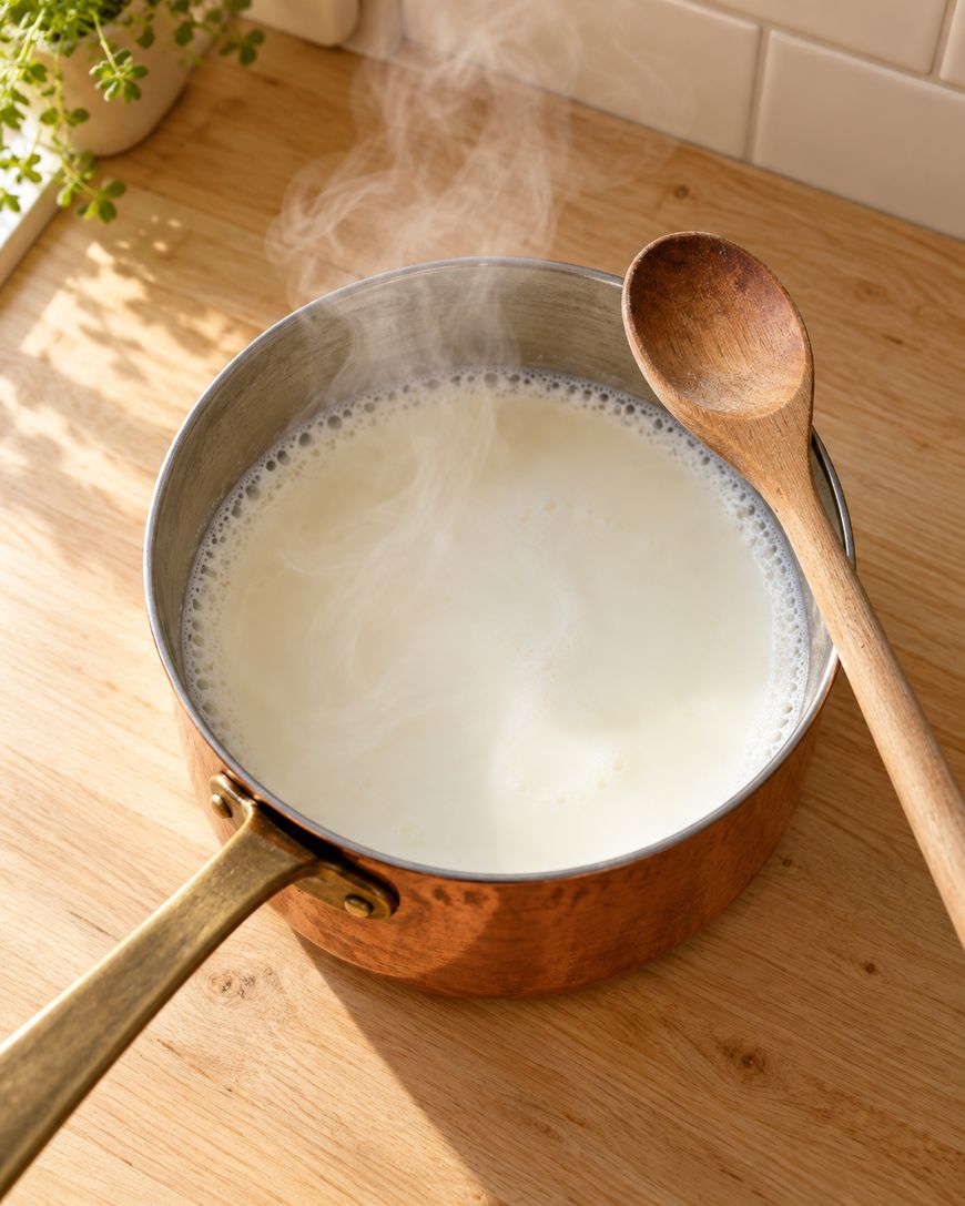 A copper saucepan filled with steaming milk is on a wooden countertop, with a wooden spoon resting on the rim. Sunlight and a small green plant are visible in the background.