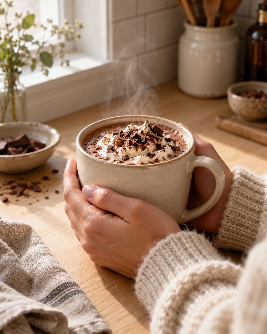A person holds a mug of hot chocolate topped with whipped cream and chocolate shavings on a wooden table near a window, with steam rising from the drink.