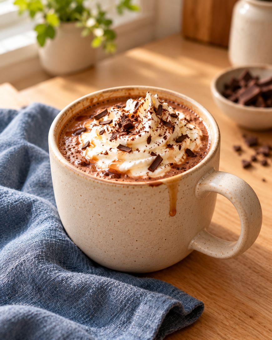 A beige mug of hot chocolate topped with whipped cream and chocolate shavings sits on a wooden table next to a blue cloth, with sunlight streaming in and a bowl of chocolate pieces in the background.