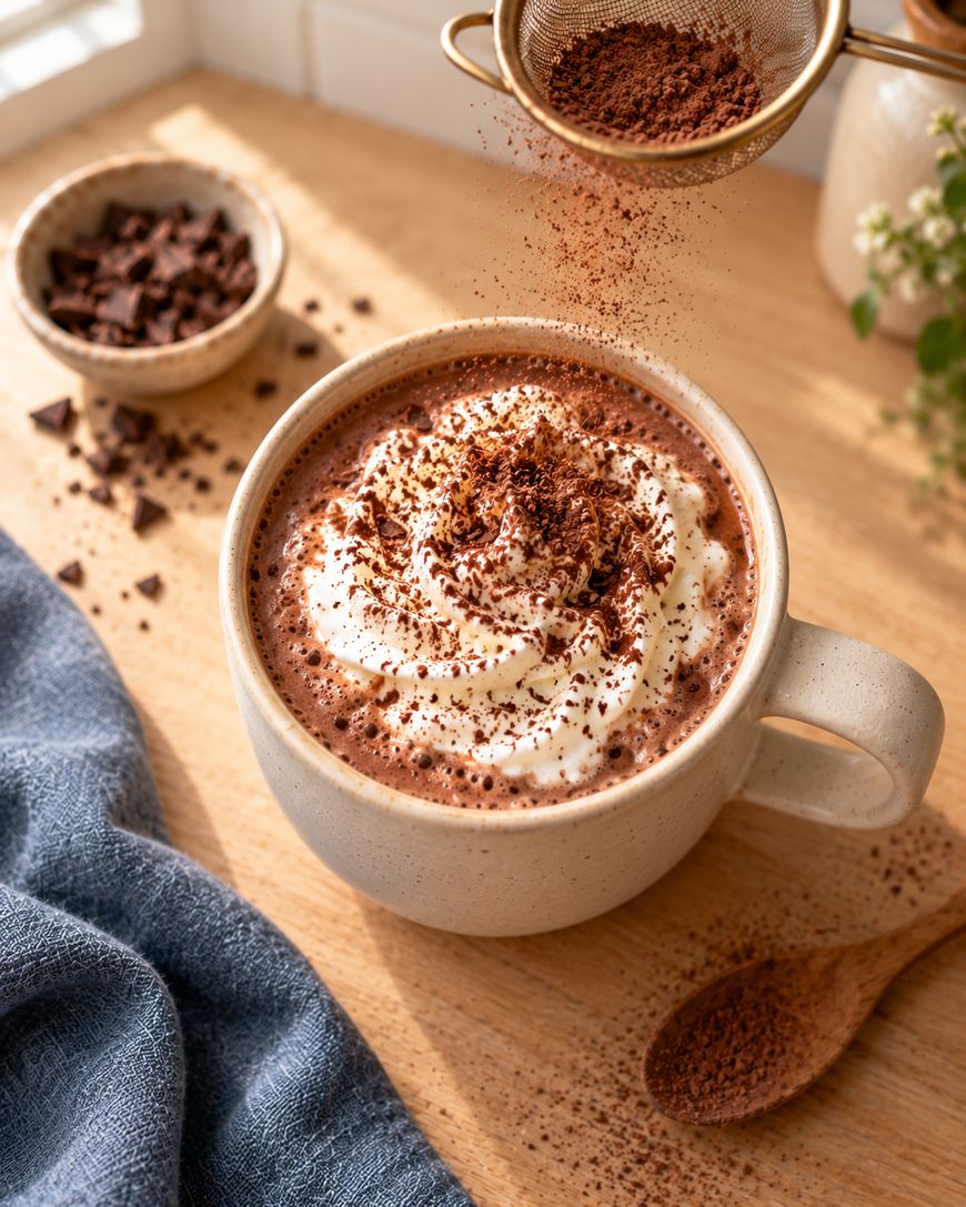 A mug of hot chocolate topped with whipped cream is being dusted with cocoa powder. Chopped chocolate and a blue cloth are nearby on a wooden table.