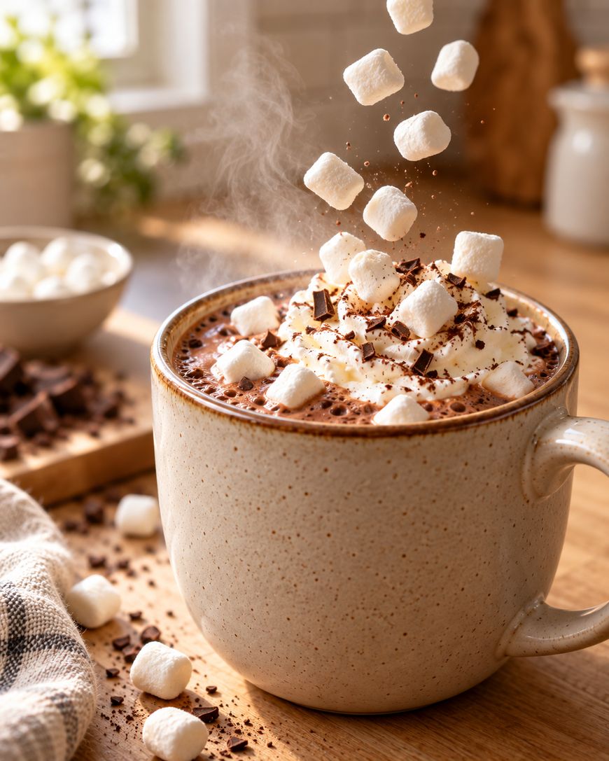 A steaming mug of hot chocolate topped with whipped cream, chocolate shavings, and falling mini marshmallows sits on a wooden table with sunlight streaming in. Marshmallows and chocolate pieces are scattered nearby.
