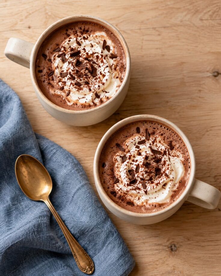 Two mugs of hot chocolate topped with whipped cream and chocolate shavings on a wooden table, next to a blue cloth napkin and a gold spoon.
