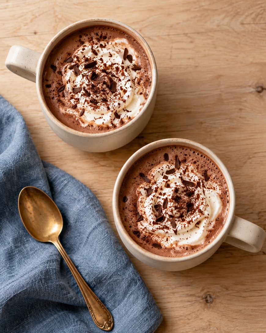 Two mugs of hot chocolate topped with whipped cream and chocolate shavings on a wooden table, next to a blue cloth napkin and a gold spoon.