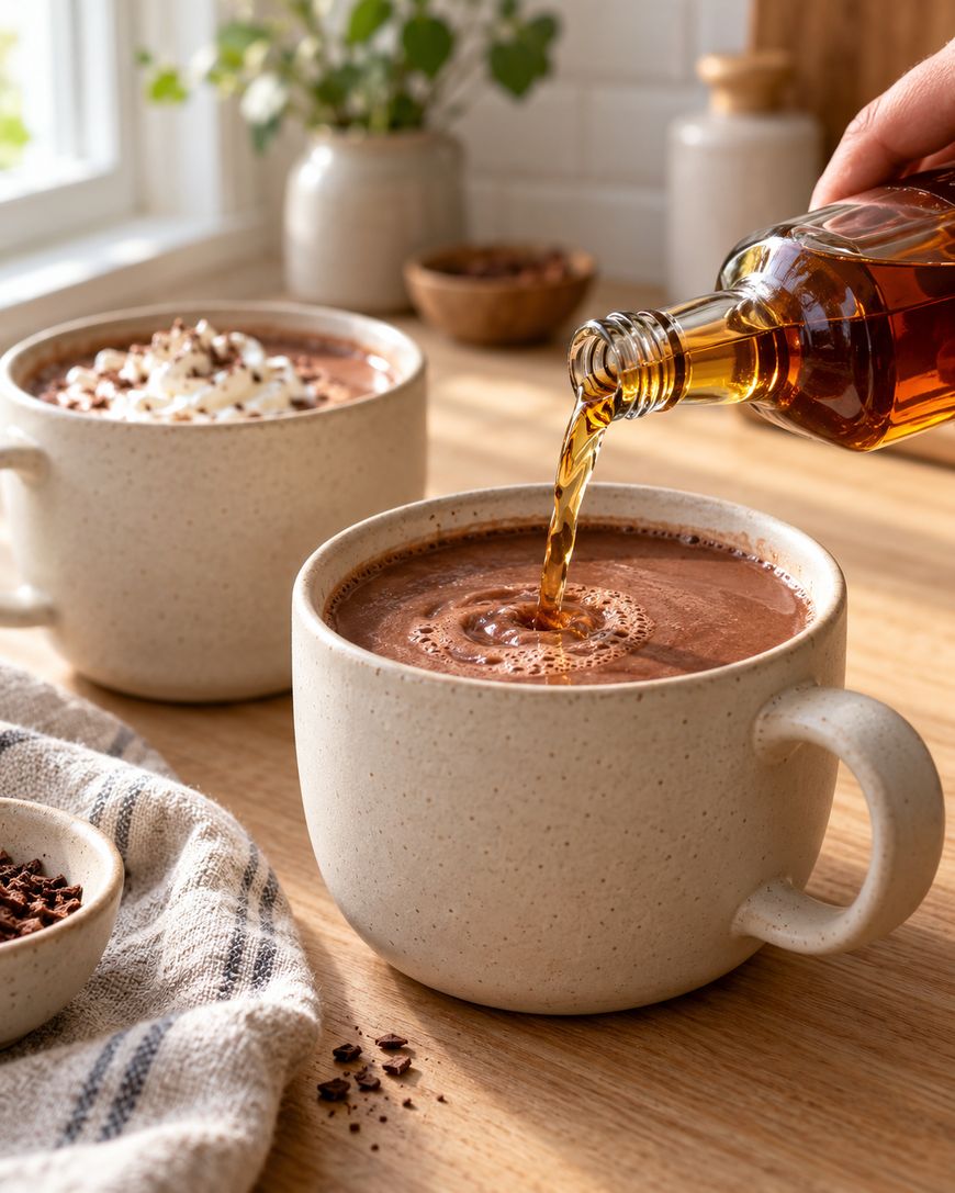 A hand pours amber liquid, likely syrup or liquor, into a mug of hot chocolate on a wooden table. Another mug topped with whipped cream and chocolate shavings sits nearby. Warm, cozy kitchen setting.